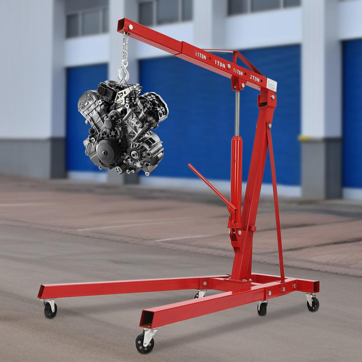 Folding Engine Crane 2 Ton Folding Engine Hoist 4400lbs Crane Hoist Lift with 6 Iron Caster Wheels for Garage, Workshop (Red)