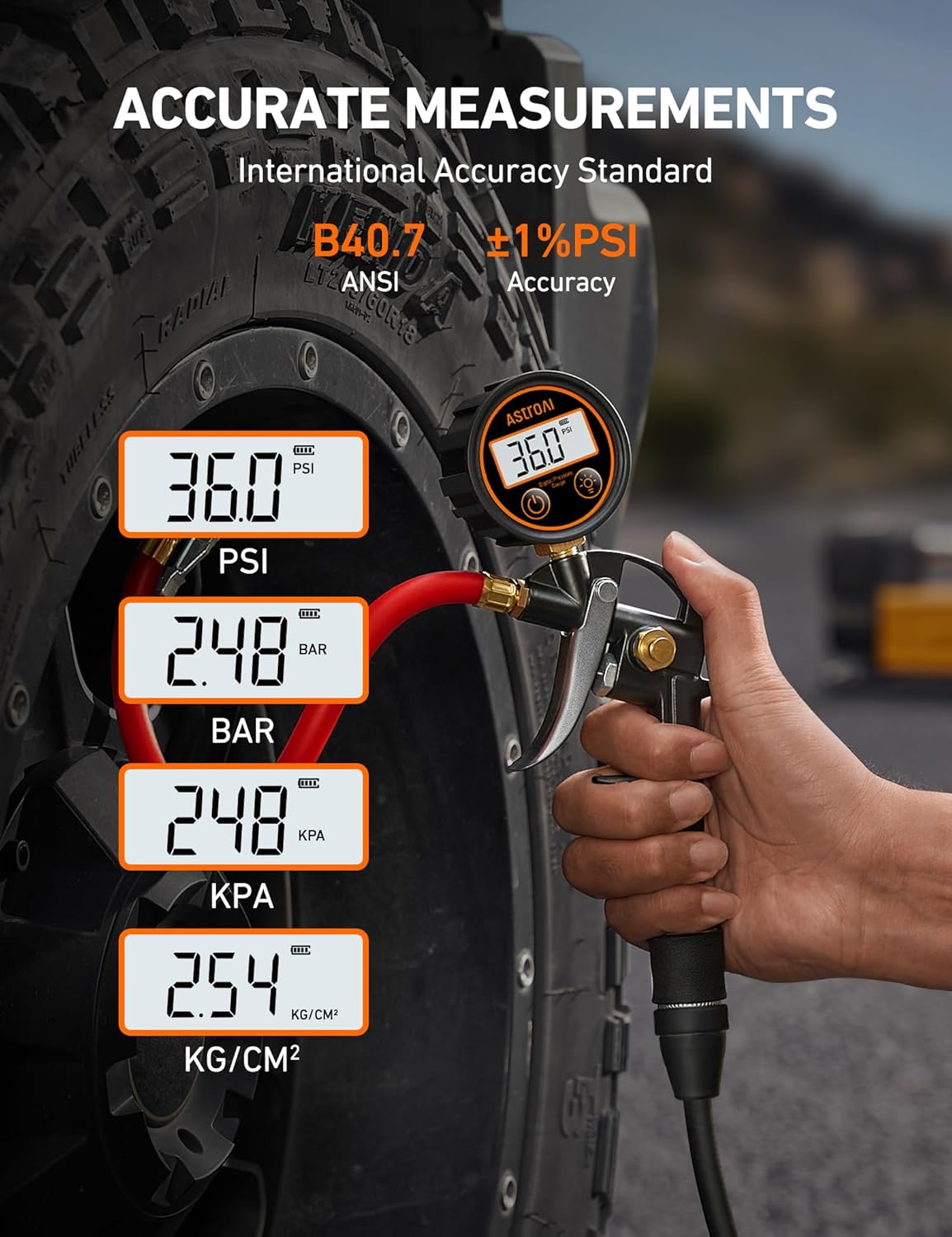 AstroAI T1 Digital Tire Pressure Gauge with Inflator, 3-250 PSI Air Chuck with Pressure Gauge, Heavy Duty with Quick Connect Coupler, Calibrated to ANSI B40.7 Grade 2A