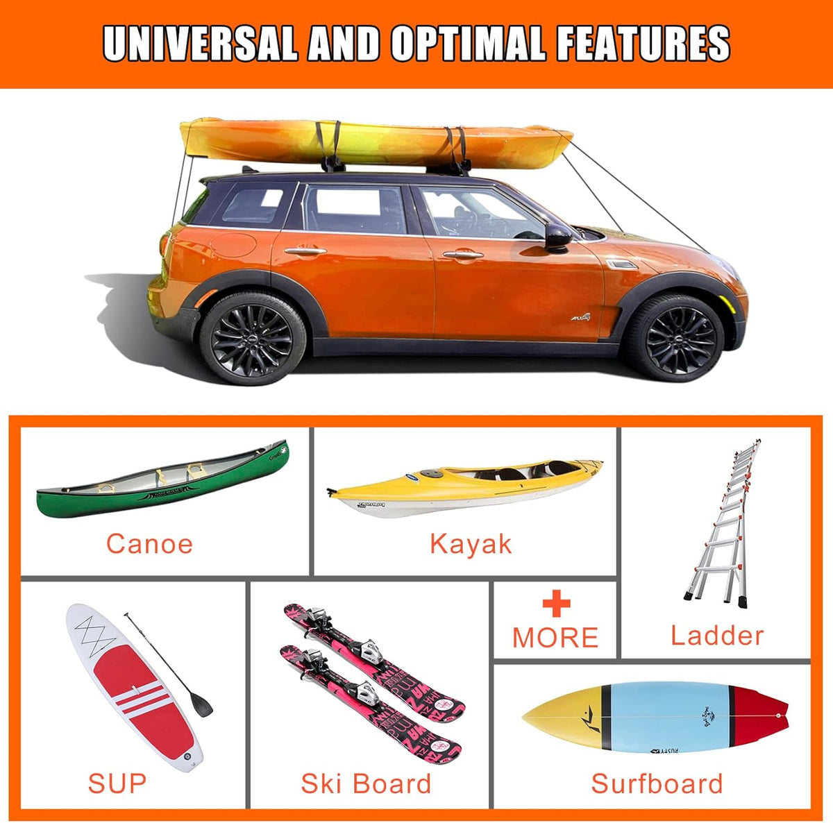 MeeFar Universal Roof Rack Pads Fit on Cross Bars - for Kayak/Surfboard/SUP/Canoe with 2 Heavy Duty Tie Down Straps, 2 Tie Down Rope, 2 Quick Loop Strap and Storage Bag