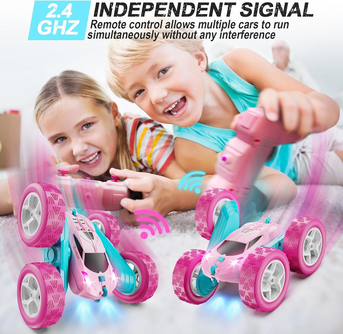 RC Cars, Pink Remote Control Car for Girls, 2.4 GHZ Double Sided RC Stunt Car 360° Rotating Remote Control Crawler with Headlights Car Toys for 6 7 8 9 10 11 12 Girls Birthday Gift