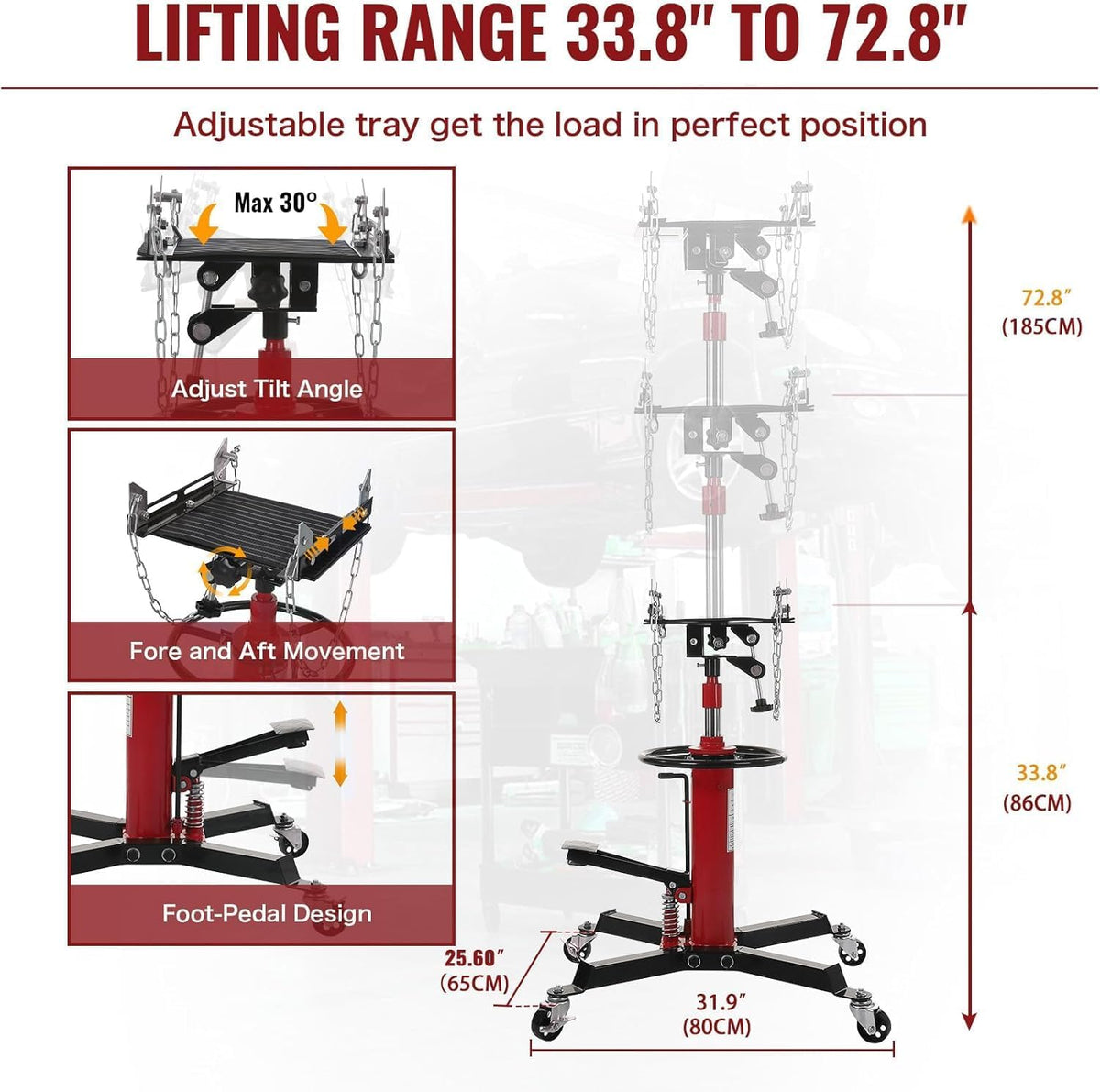 Transmission Jack 1100 LBS Hydraulic Telescoping 2-Stage Lift Jack Stand 33.8"-72.8" High Lift Transmission Jacks with Foot Pedal & 360° Swivel Wheels for for Garage/Workshop Car and Truck Repairs