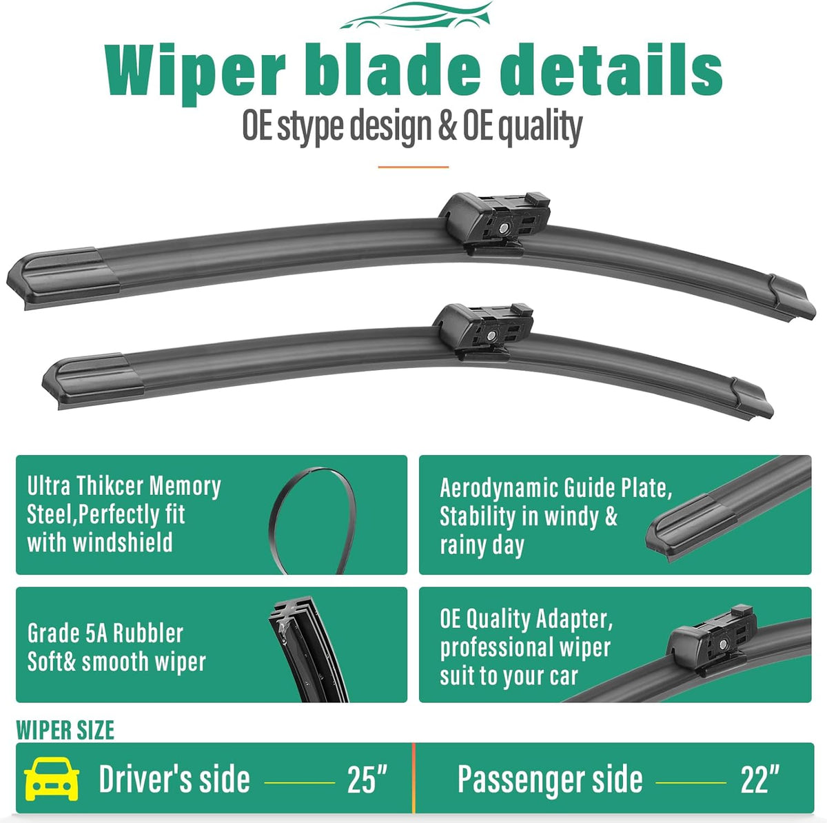 25" 22" 15" Windshield Wiper Blades Replacement for VW Volkswagen Tiguan 2018 2019 2020 2021 2022 2023 2024 2025 Premium All Weather Front Rear Wipers Set - OEM Quality (Pack of 3)
