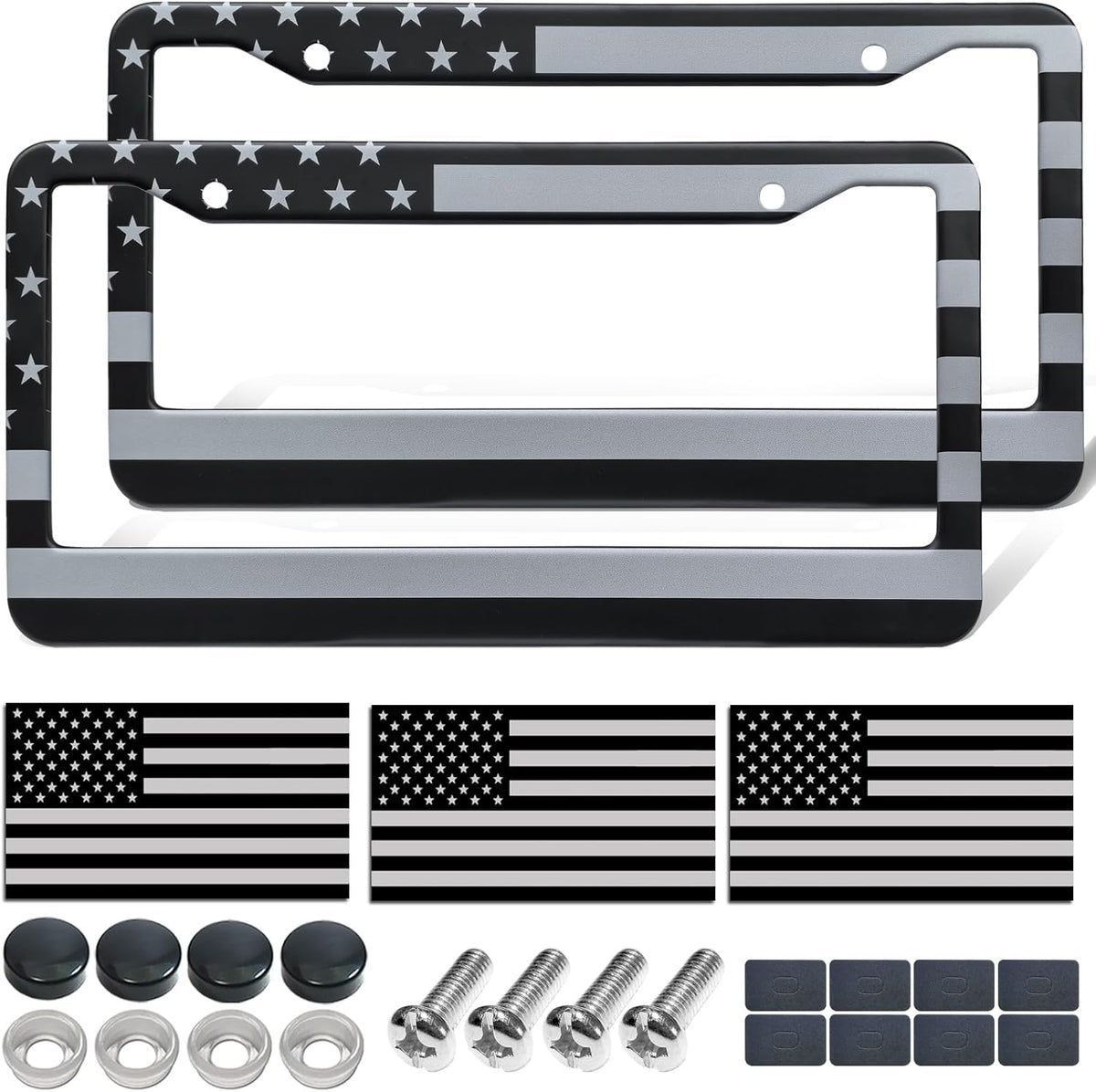 American Flag License Plate Frames - 2 Pack Black Stainless Steel Front Rear Car Tag Frames Printed with Patriotic USA Flag Pattern, with Decals Screws Caps