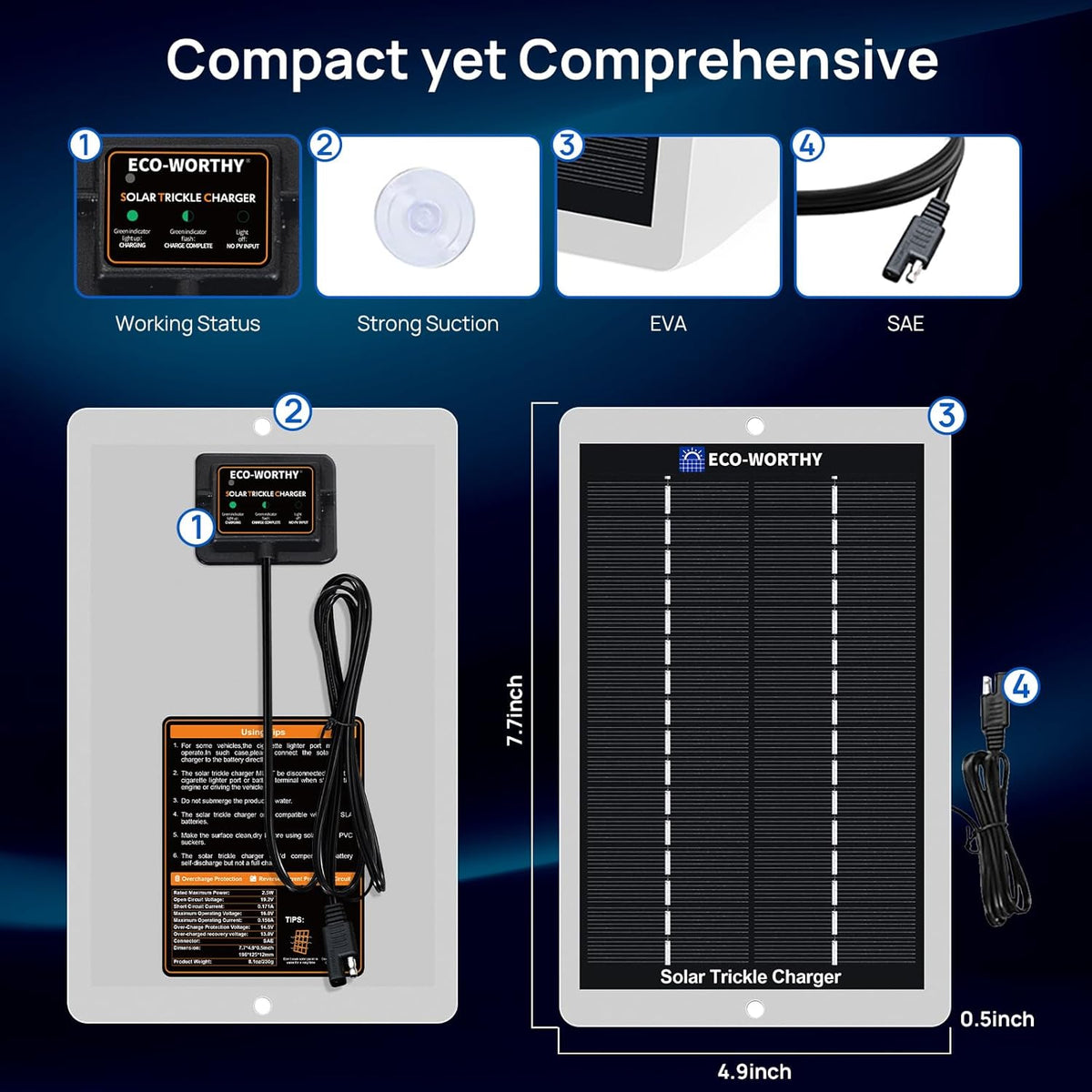 ECO-WORTHY Solar Battery Charger 12 Volt Waterproof Portable Power Solar Panel Solar Trickle Car Battery Charger Maintainer for Car Truck Boat RV Motorcycle Marine Trailer Battery，Plug and Play