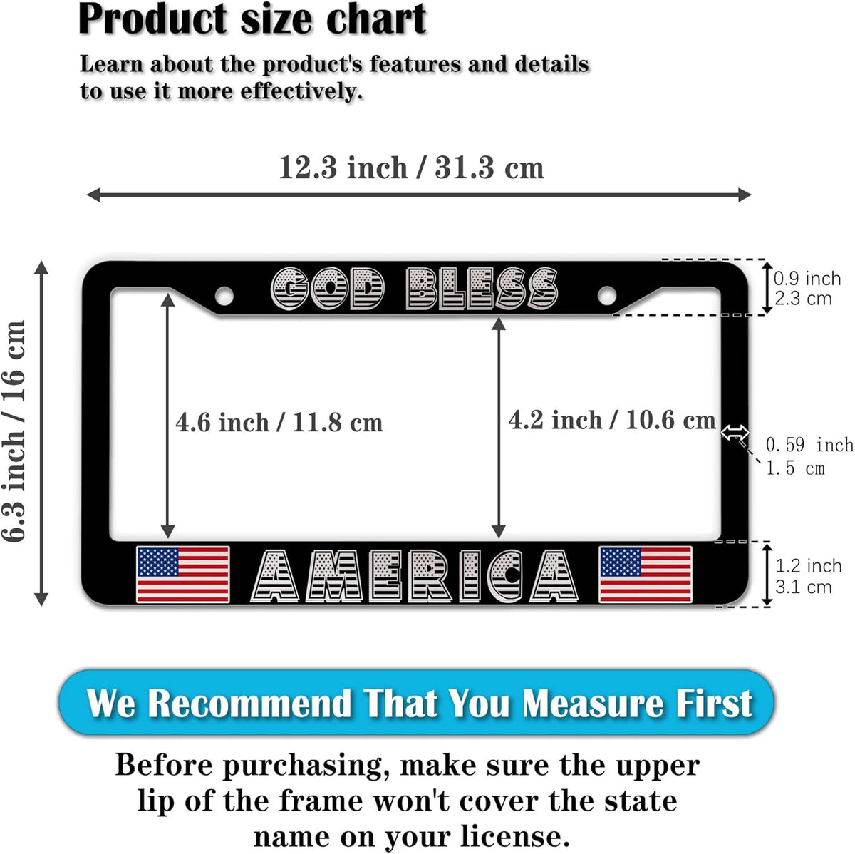 Car Plate Frame for Men Black and White License Plate Frames for Women God Bless America Aluminum Metal Car Accessory 2 Pack with Screw Covers Set