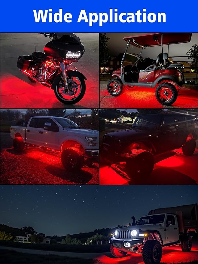 YM E-Bright 4Pcs Led Strip Lights for Car, 12inch Waterproof IP68 Car Underglow Strip Lights Decoration 18SMD 12V Led Interior Exterior Lights Strip for Cars Motorcycles Truck Golf Cart Boat - Red