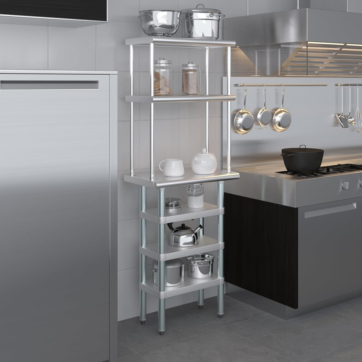 Amgood 14" x 24" Stainless Steel Work Table with 3 Shelves and 12" Wide Double Tier Overshelf | Metal Kitchen Prep Table & Shelving Combo | NSF