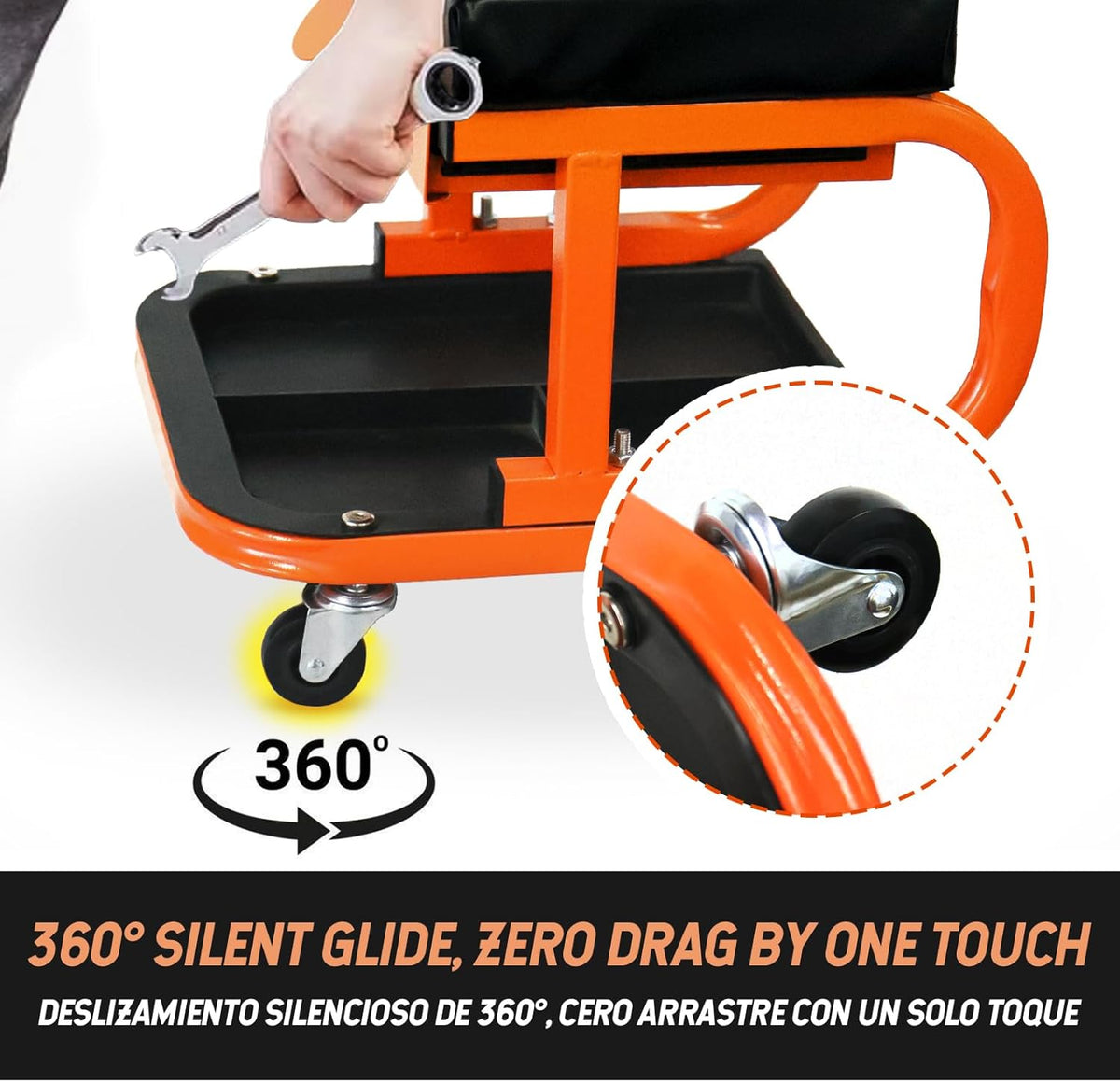 SEKAM Rolling Creeper Garage/Shop Seat, 250 LBS Capacity Padded Rolling Workshop Stool with Tool Tray Storage, Mechanic Stool for Garage, Shop, Auto Repair, Orange