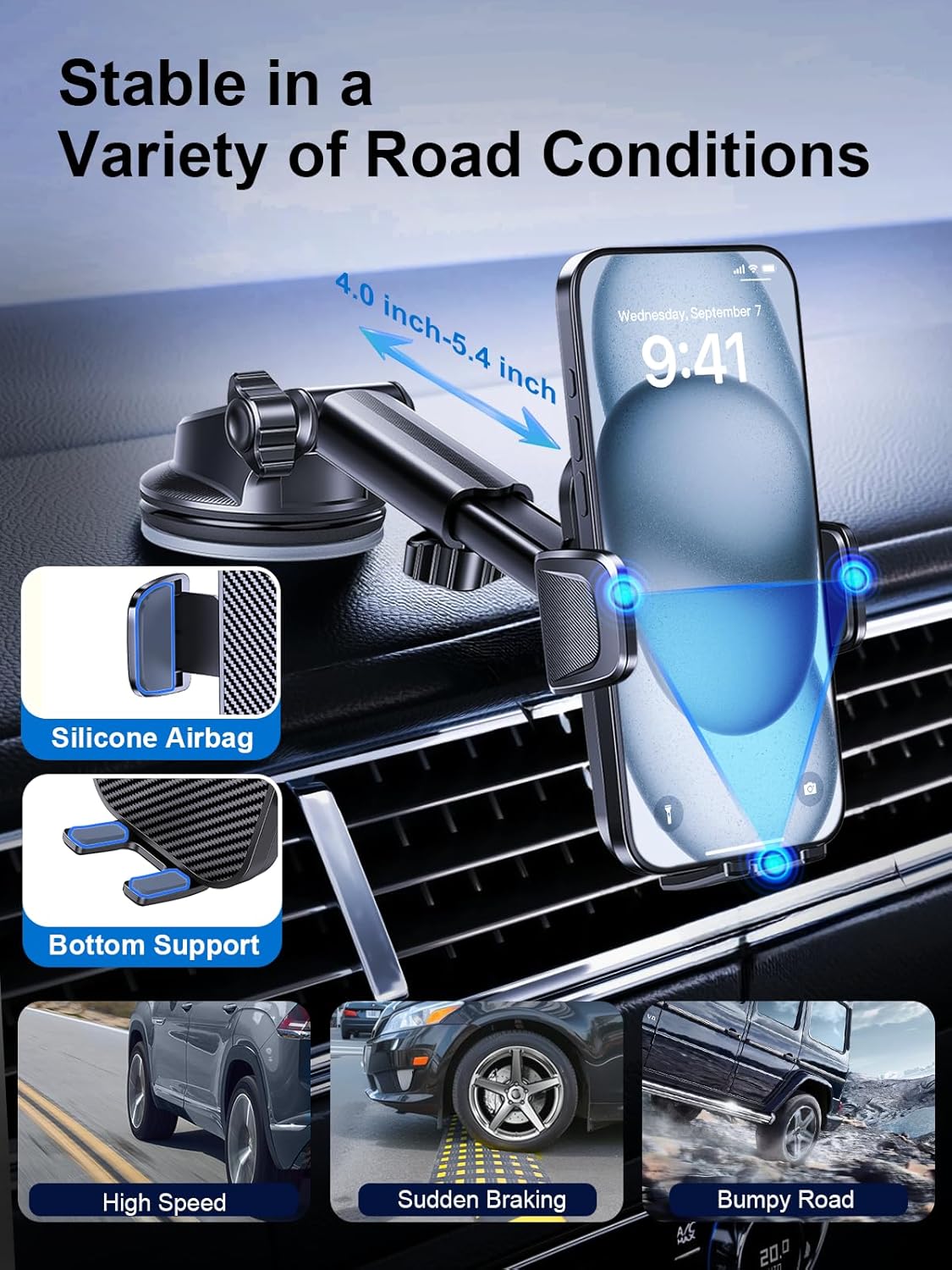 [2025 Most Stable FlexGrip™ Suction] 3-in-1 Car Phone Holder, Cell Phone Car Mount Fit for Vent/Dashboard/Windshield, All Phones, iPhone, Samsung and More