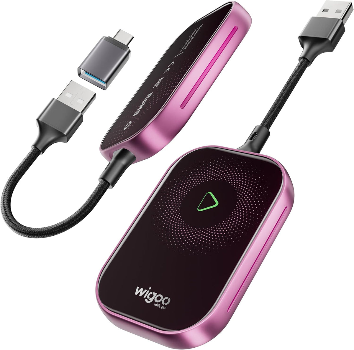 Wigoo 2025 Upgrade Wireless CarPlay Adapter for iPhone [Long-Drive Stability, 10s Connect, Easy Use] Converts Wired to Wireless, Low Delay CarPlay Dongle, Fit for Cars with Wired CarPlay, Pink