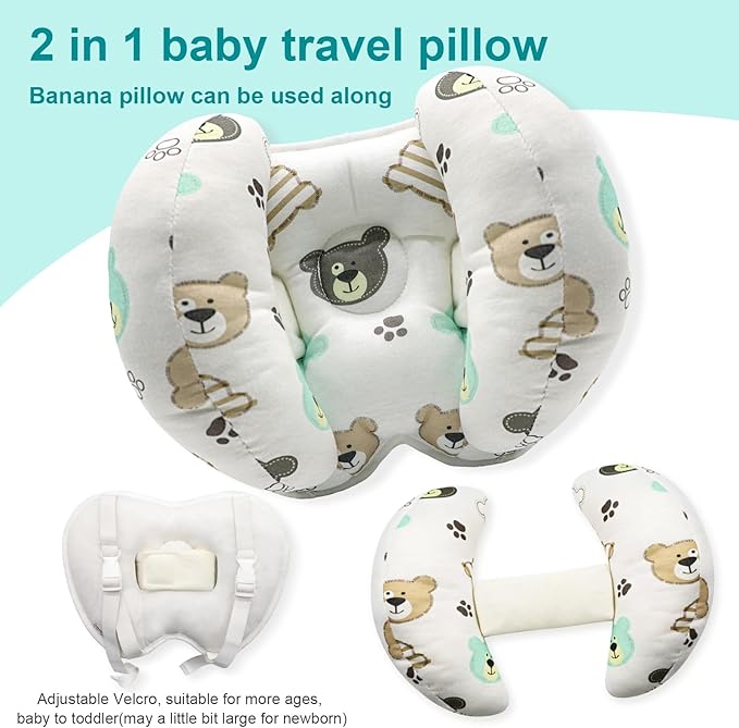 KAKIBLIN Baby Head Neck Support Pillow, 2 in 1 Banana Neck Pillow for Babies, Travel Pillow for Stroller Neck Support for Newborn, Adjustable Baby Pillow for Head (Bear)