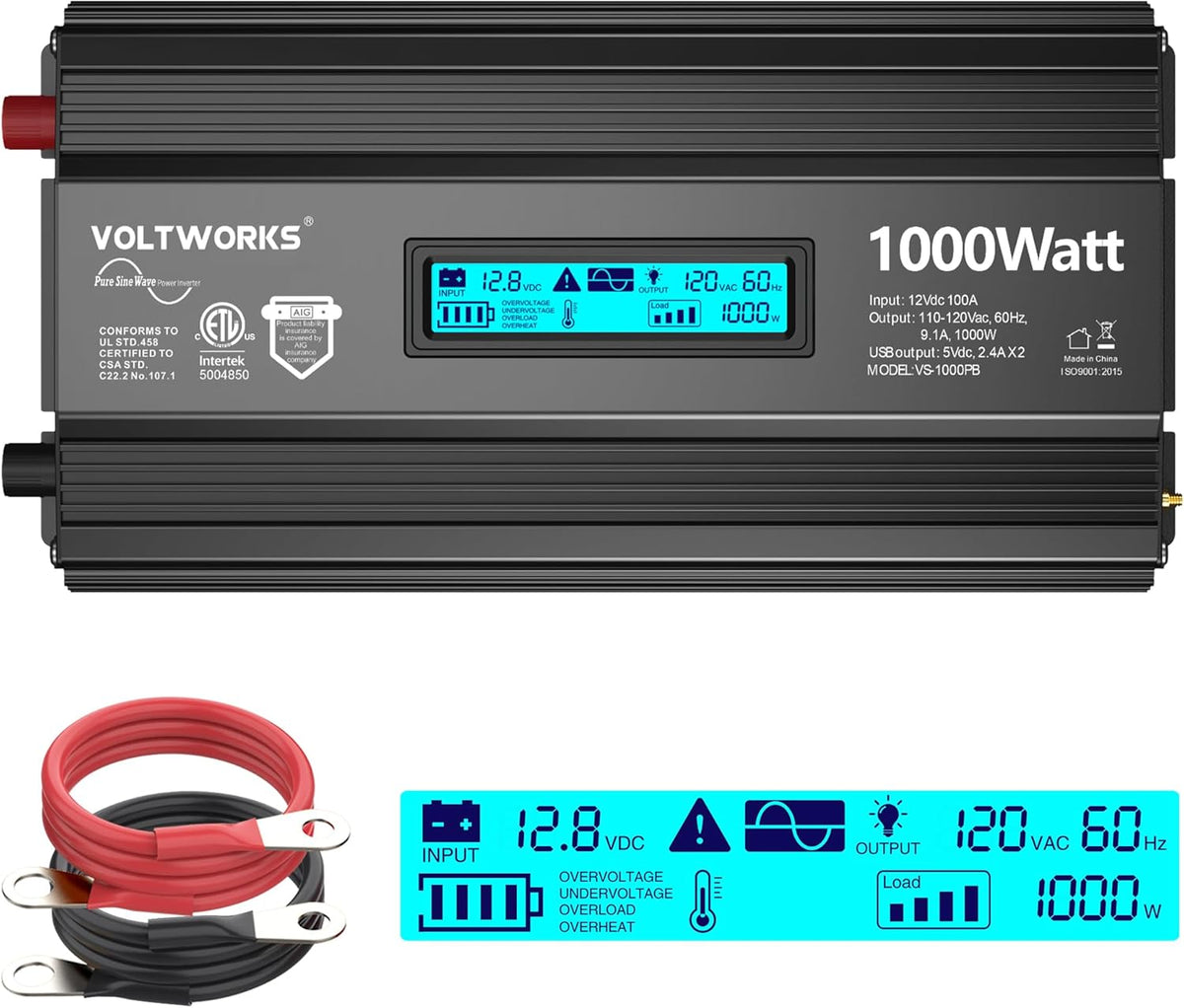 1000 Watt Pure Sine Wave Power Inverter ETL UL458 12V DC to 110V 120V AC 1000W for Home RV Truck Off-Grid Solar Compatible with Lithium Battery with LCD Display [3 Years Warranty] by VOLTWORKS