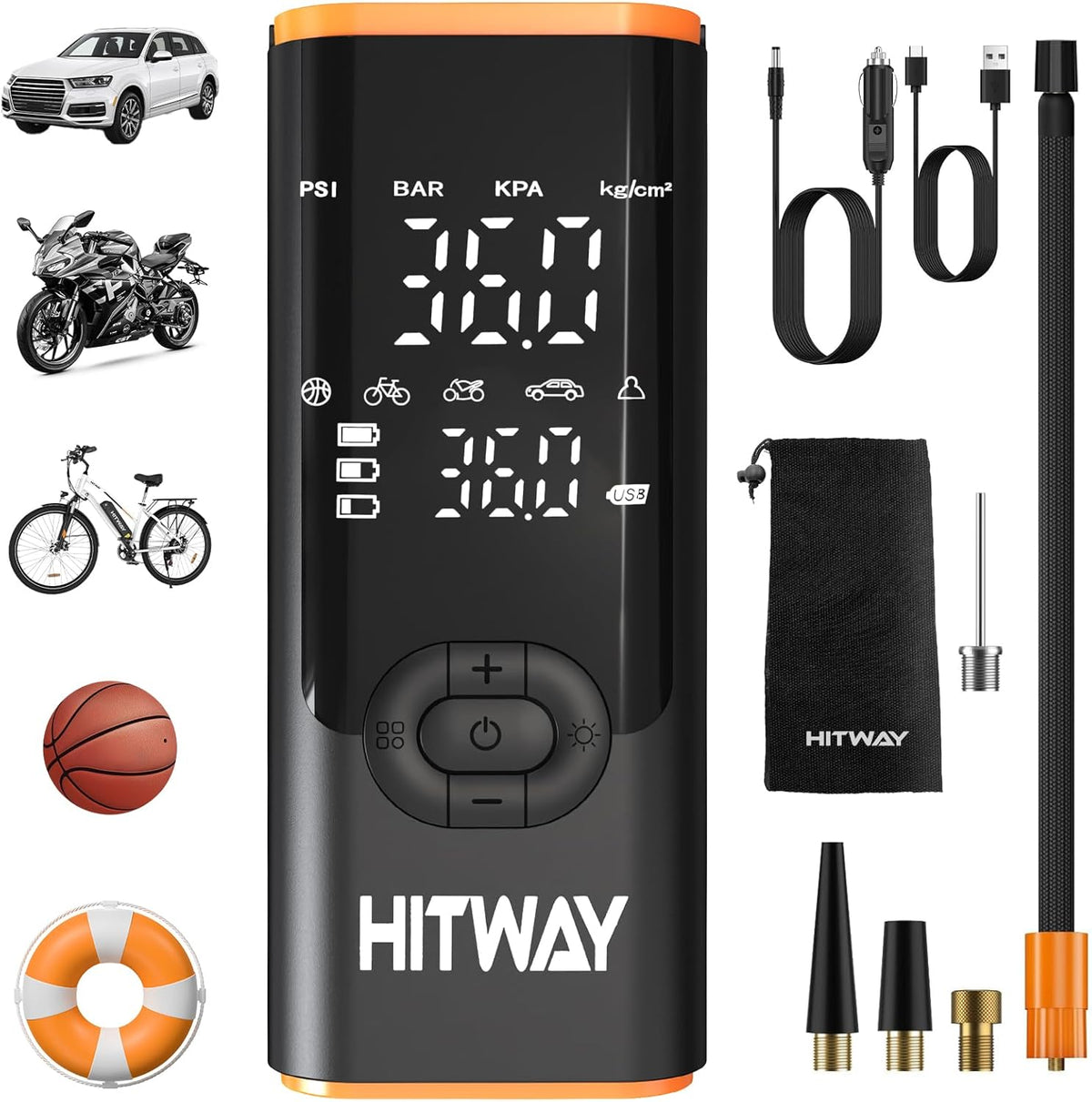 HITWAY Portable Electric Inflator Pump Supports up to 150PSI, fast inflation, suitable for car, motorcycle, bicycle tires and sports equipment, LCD display screen, USB charging, built-in LED light