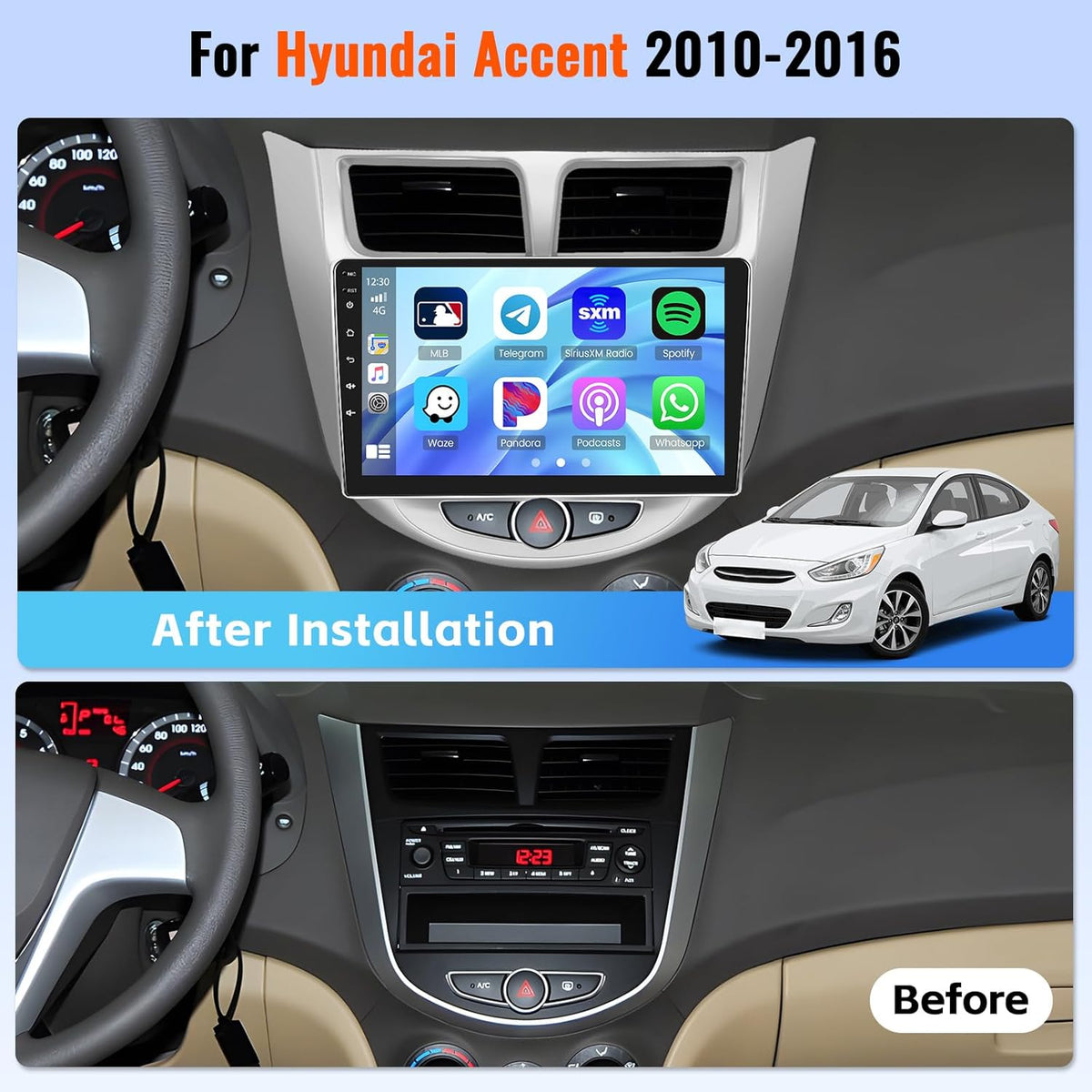 [2+64GB] Android 15 Car Stereo for Hyundai Accent 2010-2016 with Wireless CarPlay Android Auto, 9 Inch Touch Screen Car Radio for Accent with GPS WiFi, Bluetooth FM/RDS EQ 26UI AHD Rear Camera