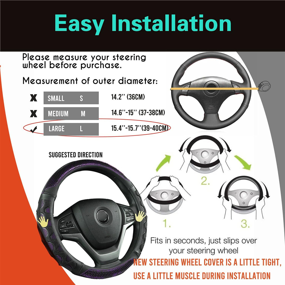 PINCTROT Large Size Steering Wheel Cover Great Grip with 3D Honeycomb Anti-Slip Design, 15.5-15.75 Inch (Purple)
