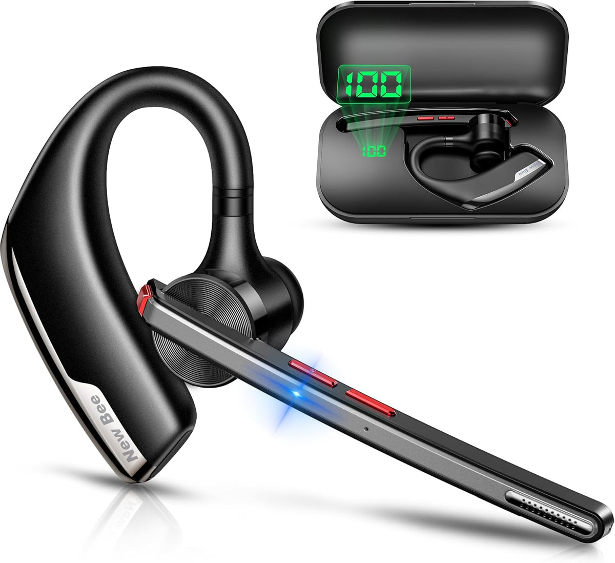New bee Bluetooth Headset, Wireless Bluetooth Earpiece for Cellphone with 500mah Charging Case 80h Playtime V5.2 Dual Mic Noise Cancelling Hands-Free Earphones for Office Driver