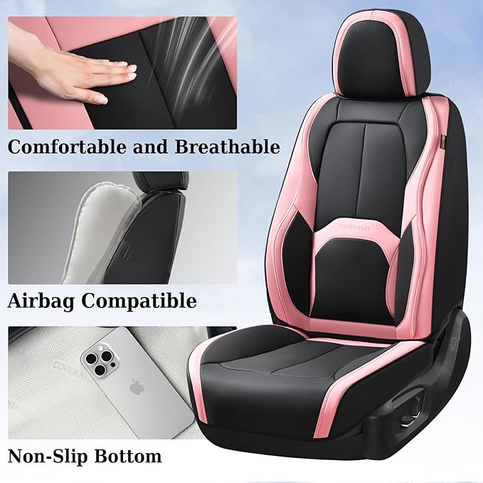 Coverado Car Seat Covers Full Set, Waterproof Nappa Leather Seat Covers for Car, Car Seat Protector with Lumbar Support, Automotive Seat Covers Universal Fit for Most Cars SUV Trucks, (Black&Pink)