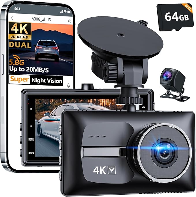 X18 4K Dual Dash Cam Front and Rear, Free 64GB Card Support 256G Max, 5.8G WiFi - up to 20MB/s Fastest Download Speed with App, 4K 2160P/FHD Dash Camera, 3" IPS, G-Sensor,24H Parking Mode