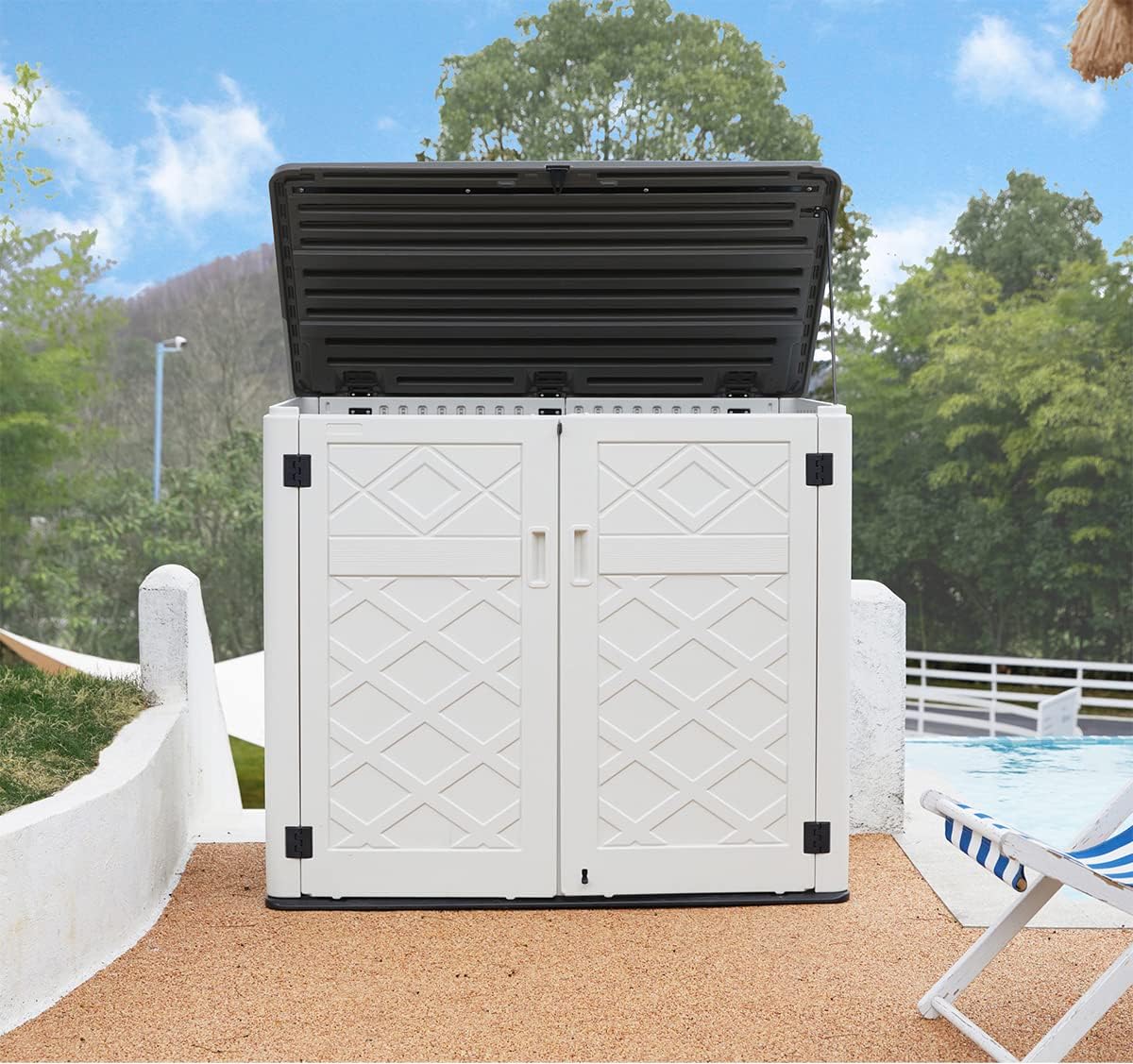 Resin Outdoor Storage Shed, 38 cu.ft Outdoor Storage Box Waterproof for Garden Tools, Patio Furniture, Trash Cans, Garage Storage, Customized Shelves & Lockable (Off White)