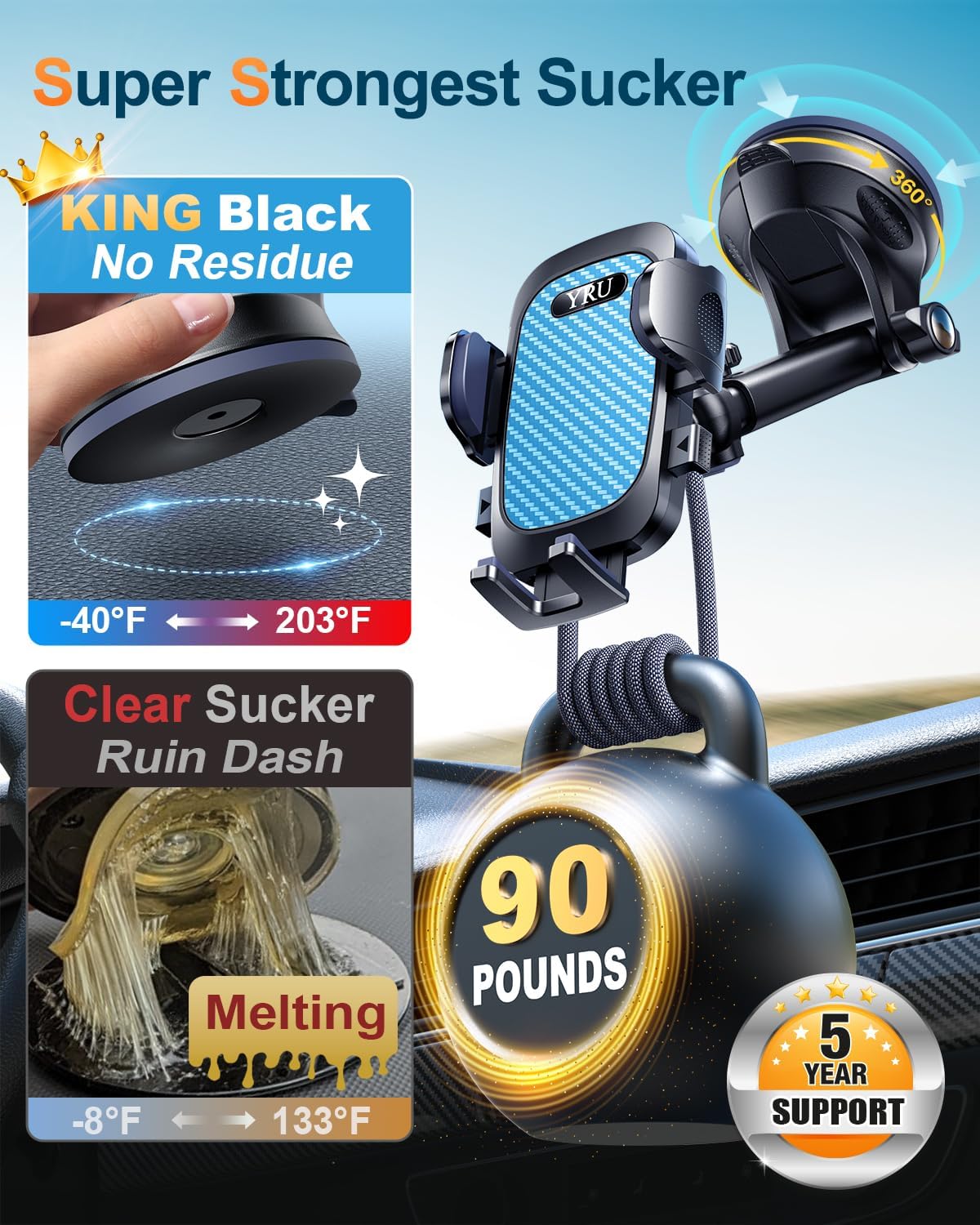 [True Military-Grade & 360 Degrees Rotatable Suction] 2025 YRU Ultimate Car Phone Holder Mount 【90+LBS Safest Strongest & Patent Certs】Dashboard Windshield Vent for iPhone 16 15 Pro Max Samsung, Blue