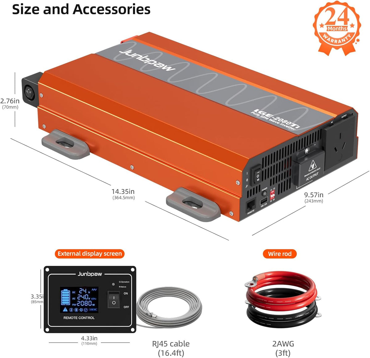 2080W Pure Sine Wave Inverter, 12V DC to 110V/120V AC, 6000W Peak, 5V/2.1A USB, Quiet Fan, Capacitor, Off-Grid Solar Power for RV, Camping, Emergency, Truck (LGE-24-2080TI)