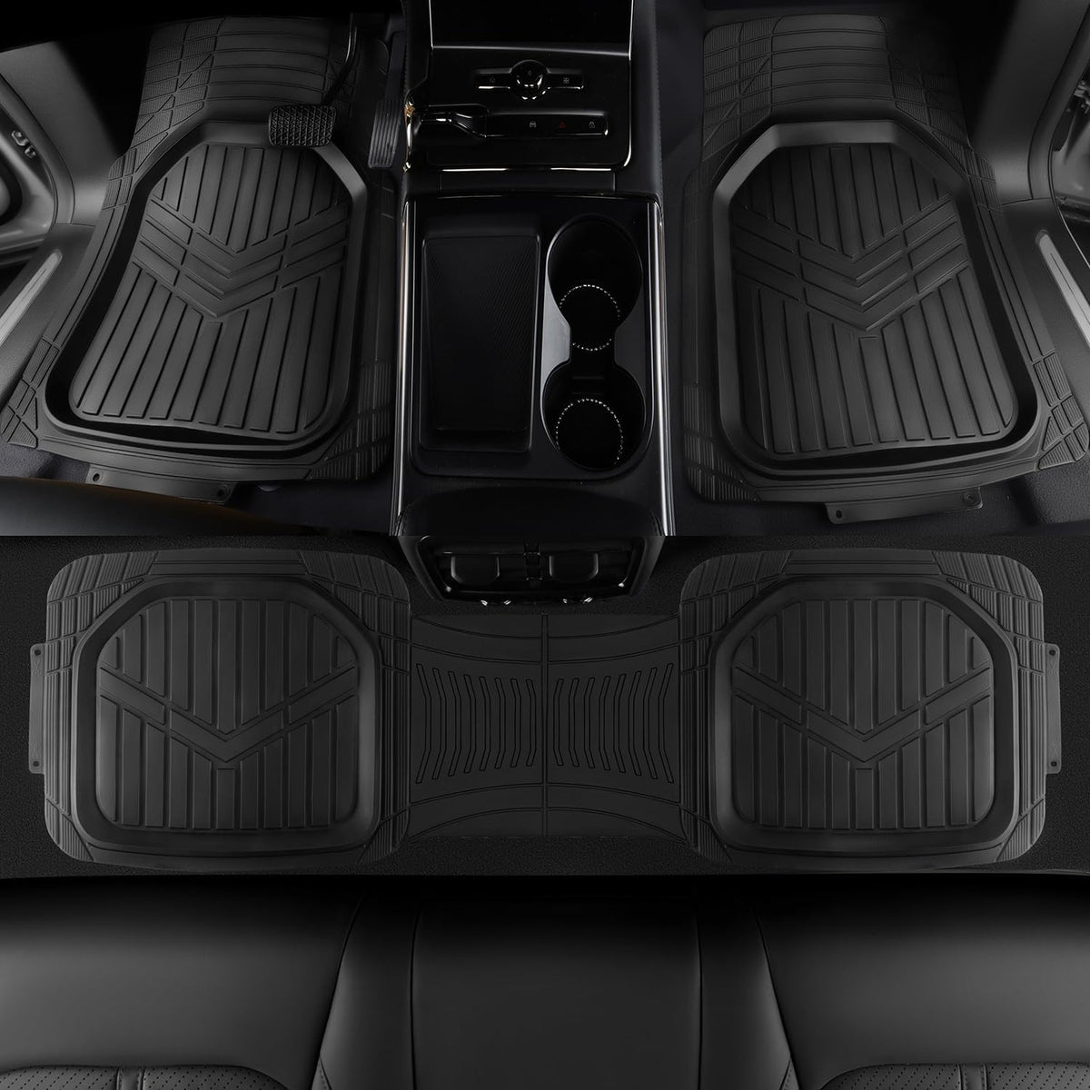 Amazon Basics 3-Piece All-Weather Heavy Duty, Full Set Rubber Floor Mats for Universal Fit in Cars, SUVs, and Trucks, Black, Trim to Customize