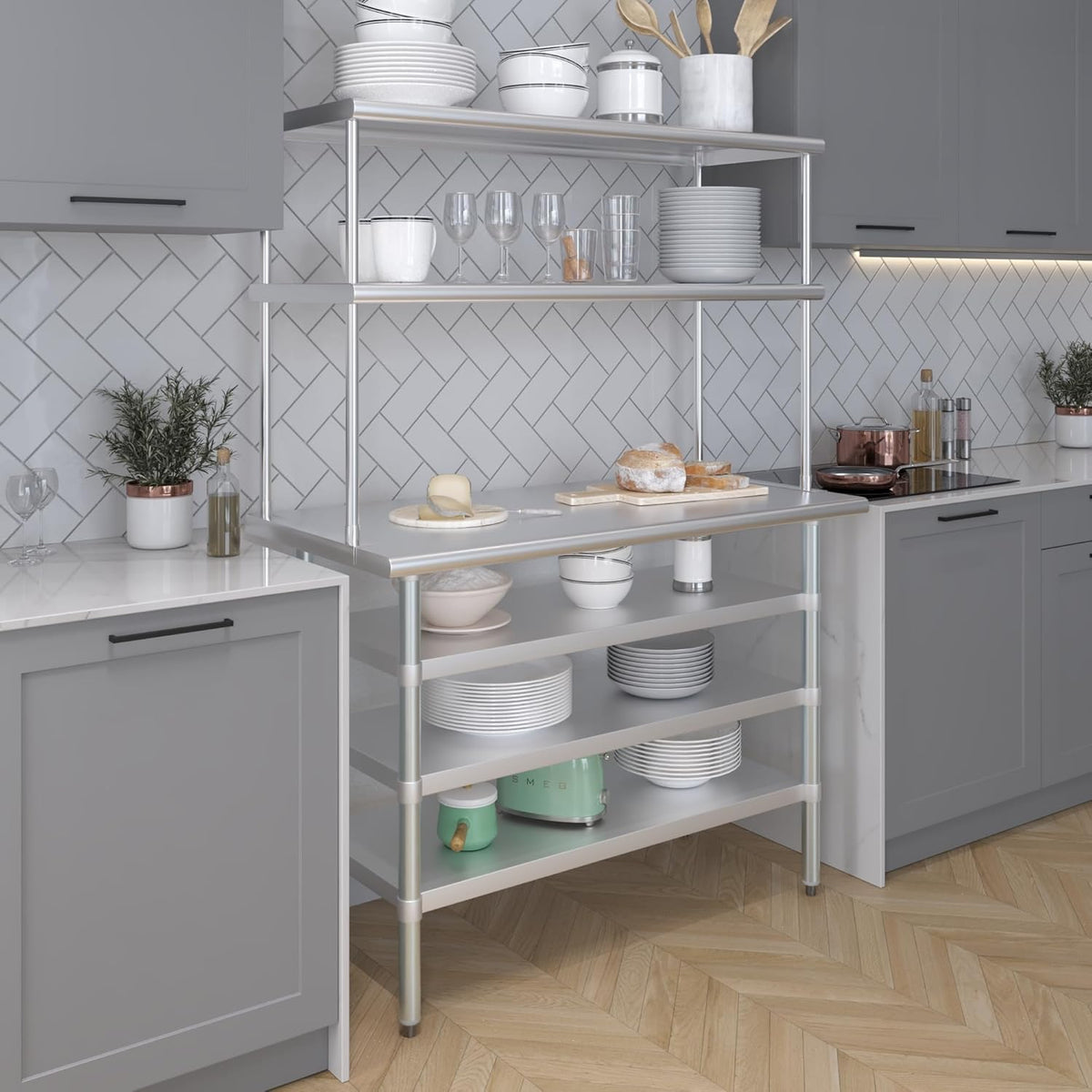 Amgood 24" x 48 Stainless Steel Work Table with 3 Shelves and 18" Wide Double Tier Overshelf | Metal Kitchen Prep Table & Shelving Combo | NSF