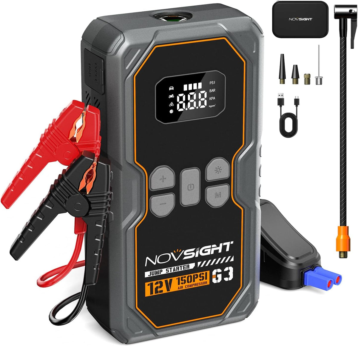 NOVSIGHT Jump Starter with Air Compressor - 6250A Portable Battery Jump Starter for Car(5L Gas/3L Diesel) 12V Car Jump Box & 150PSI Auto-Shut Tire Inflator with Carrying Case(Orange)