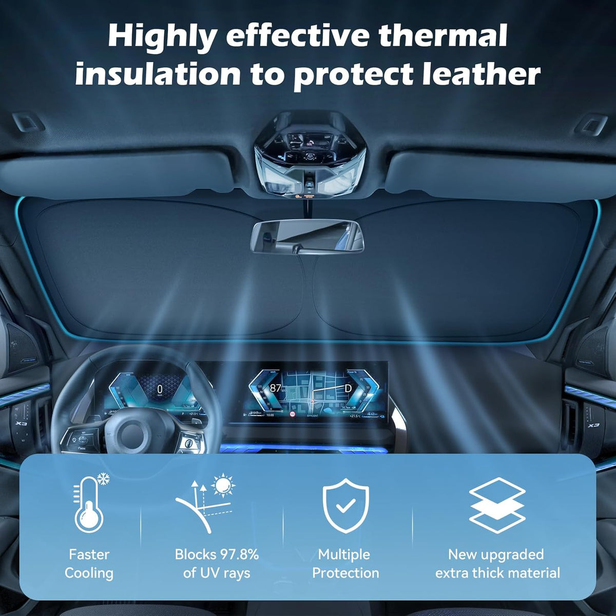 Car Windshield Sun Shade, 300T Thickened Car Window Shades Heat Reflective Interior Cool, Universal Fit for Most Cars SUVs Trucks, Foldable & Portable Design (M (55" × 27"))