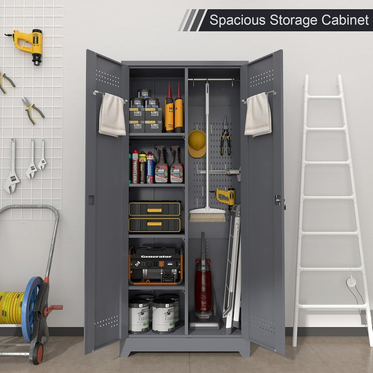 GREATMEET 72.8" Broom Storage Cabinet，Metal Storage Cabinets for Cleaning Supplies with Pegboard, Utility Closet, Broom Mop Cabinet, Grey