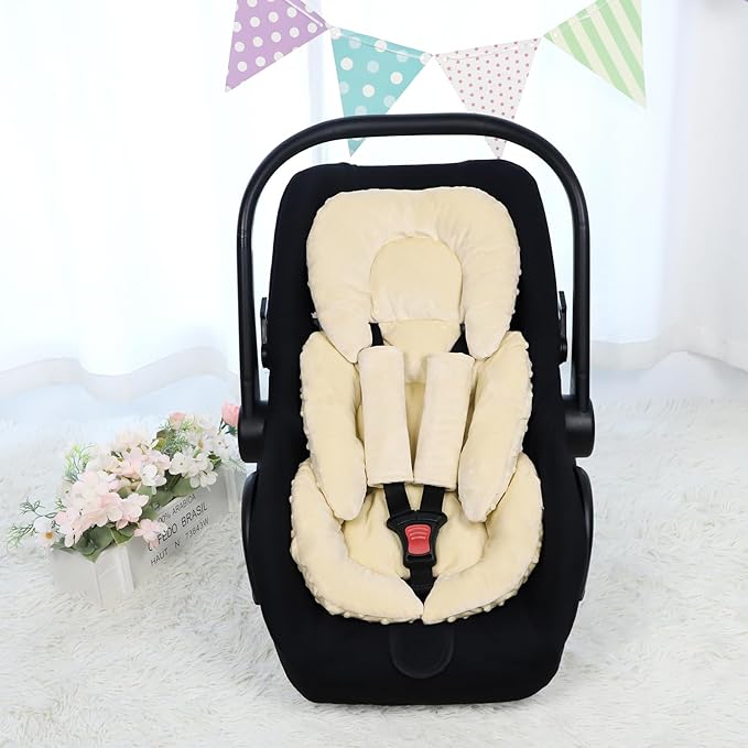 GFU Infant Car Seat Insert Head and Body Support, Reversible Newborn Insert for Carseat with Strap Pads, Soft Stroller Cushion Pillow Insert for Boys and Girls, Fits for Stroller, Swing, Beige