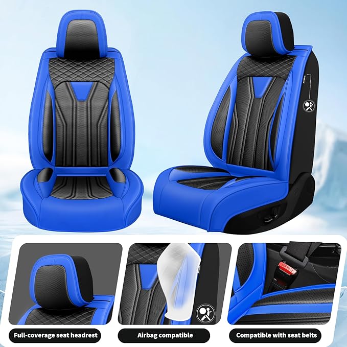 Fit Versa Car Seat Covers Compatible with Nissan Versa 2008-2025 2026 - Premium Leather， Waterproof Breathable， All-Weather Seat Cushion Protecto&Airbag Compatible (2 Front Seat Blue&Black)