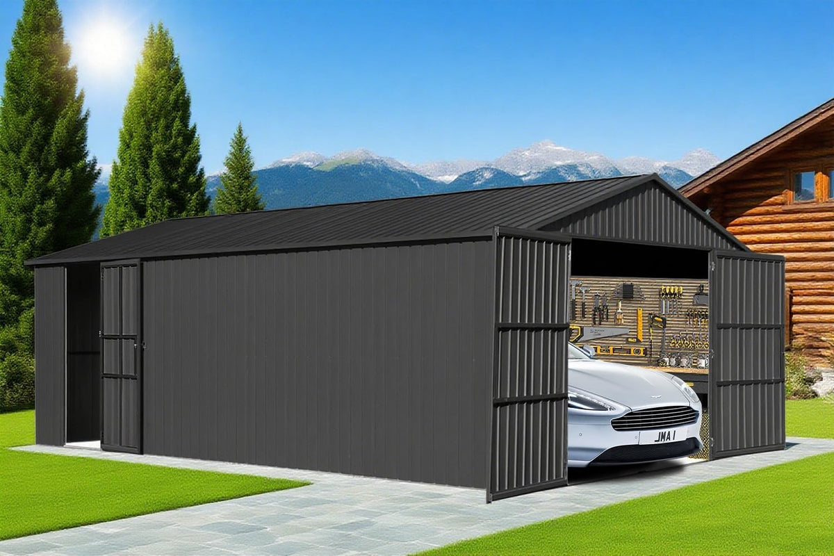 Domi 12’x20’ Outdoor Metal Garage Shed, All Weather Enclosed Carport with Sidewalls & 2 Lockable Doors, Extra Large Backyard Storage Shed for Car, Truck, Lawn Mower, 80MPH Wind Resistance, Dark Grey