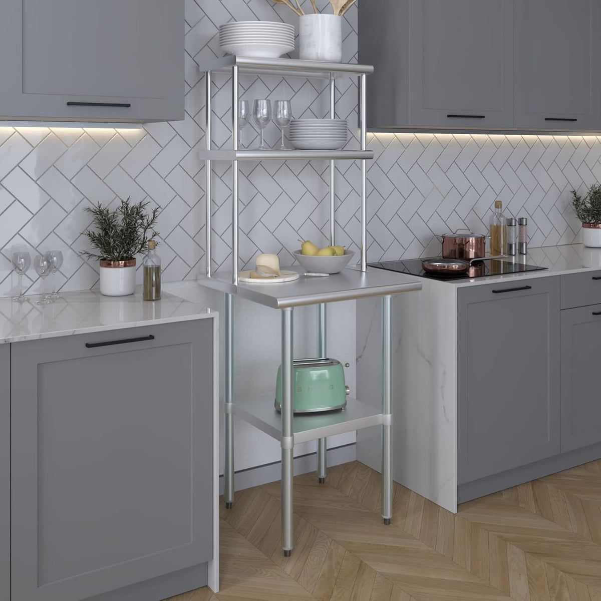 Amgood Stainless Steel Work Table Wide Double Tier Overshelf | NSF | Metal Kitchen Prep Table & Shelving Combo (24" x 24" Work Table + 12" Overshelf)