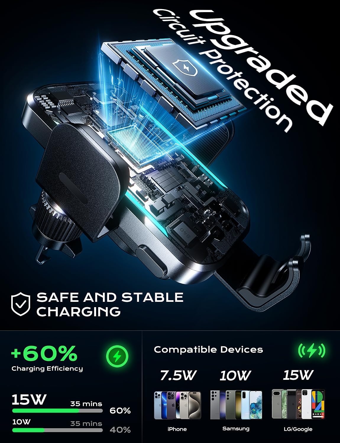 CHGeek 15W Wireless Car Charger – Auto-Clamping Qi Fast Charging Vent Mount with LED Light; Compatible with iPhone 13-16 & Samsung S22-S24 (Light Black)