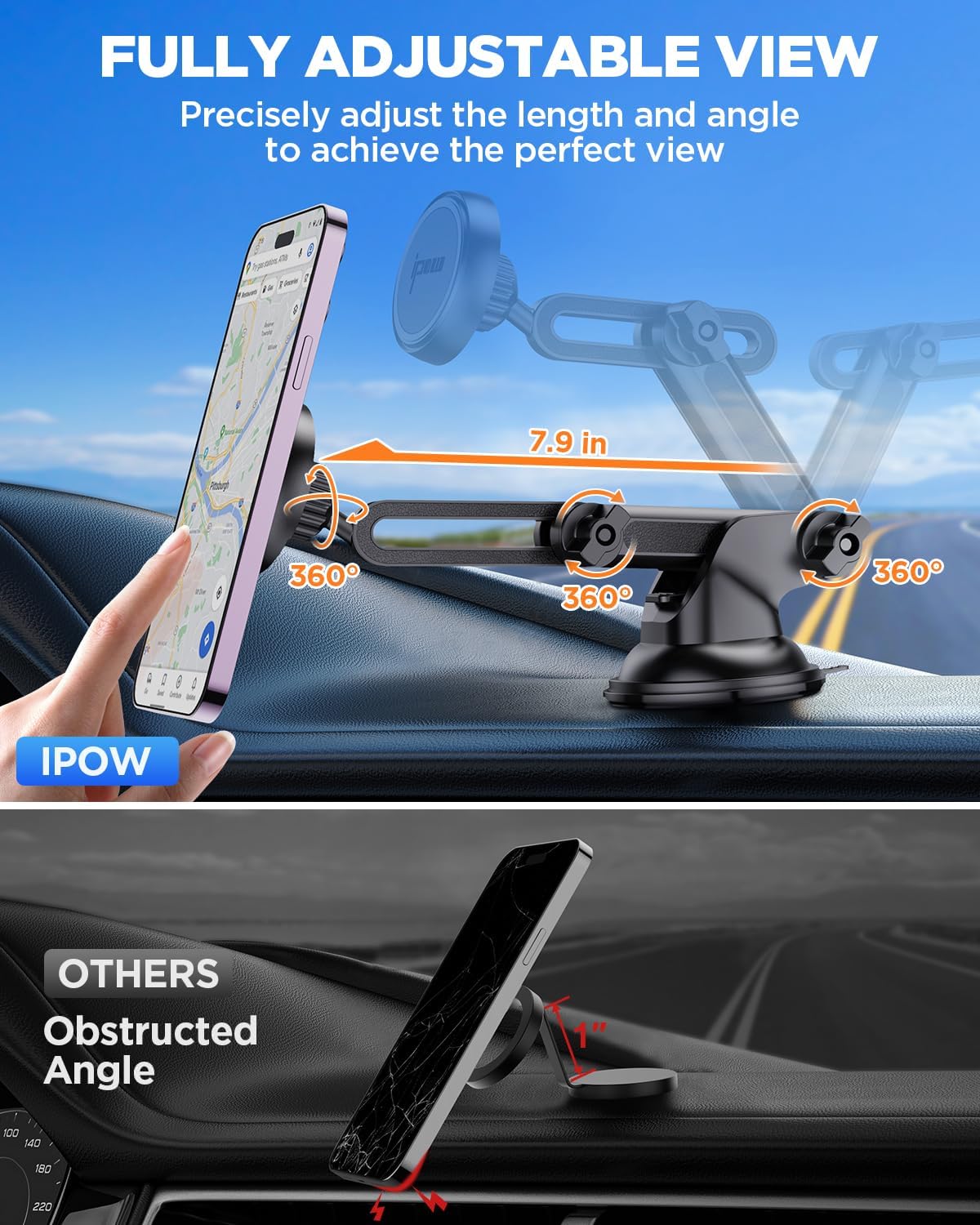 IPOW Magnetic Car Mount - Dashboard & Windshield Phone Holder for iPhone 14/13/12 Series, Tap & Secure Mount, Black