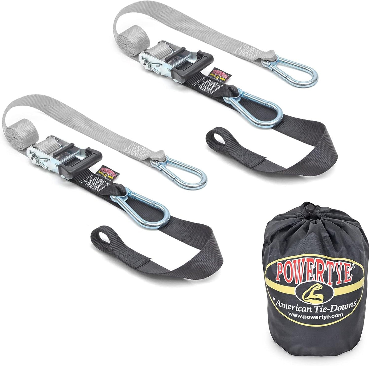 PowerTye - Made in USA - Heavy Duty Ratchet Tie Down Straps with Carabiner Hooks, Soft-Tye & Storage Bag, for Motorcycle, ATV, Trailer & Cargo, 1,000 lb WLL, 1.5 inch x 6.5ft Long, Silver/Black (pair)
