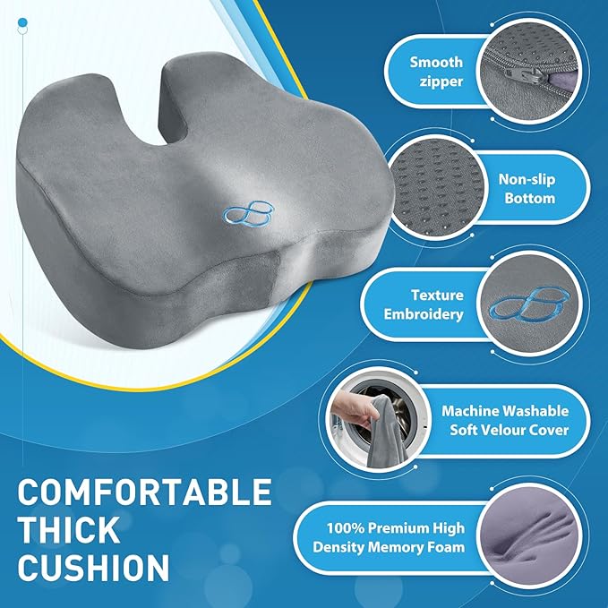 BlissTrends Seat Cushion,5.2in Thick Memory Foam Cushions for Office Chair, Car Seat, Airplane, Relieving Pressure Tailbone Sciatica Back Pain for Long Sitting Office Workers, Car Drivers LightGrey