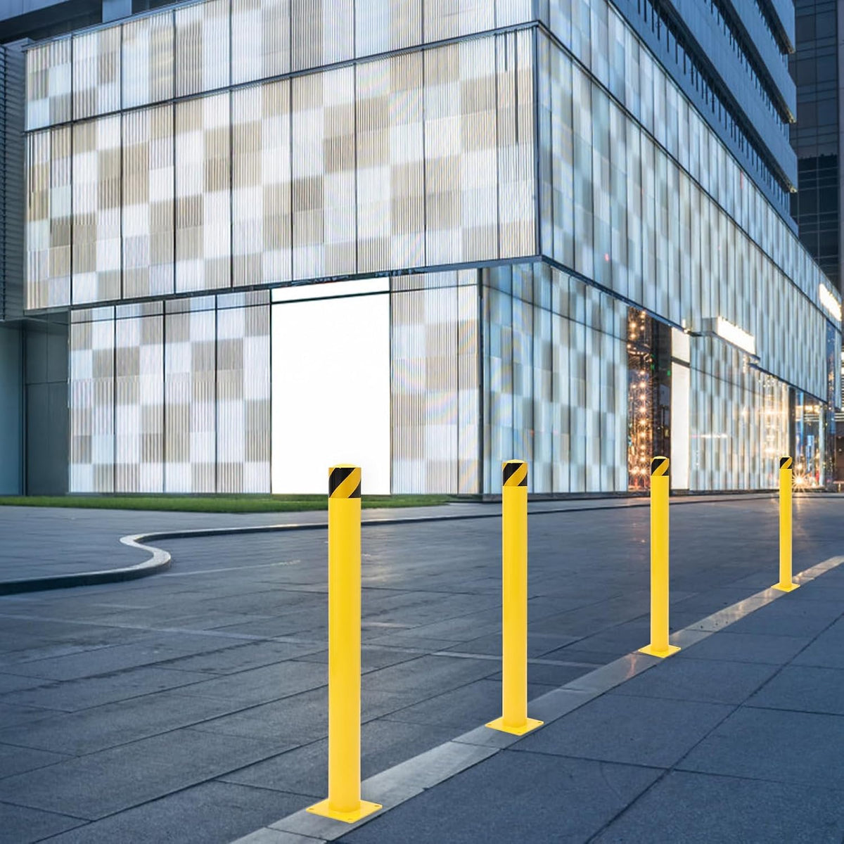 4-Pack Heavy Duty Safety Bollards, 48" Height, 4.5" Diameter Steel Pipe Bollard Post with 16 Anchor Bolts, High-Visibility Yellow Parking Bollard for Traffic Control, Warehouses, & Pedestrian Safety