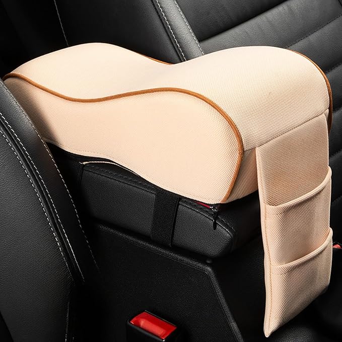 Auto Center Console Armrest Pillow Pad, Car Armrest Cushion Soft Memory Foam with Phone Holder Storage, Pockets Bag Seat Cushion Universal Fit for Most Car (Beige)