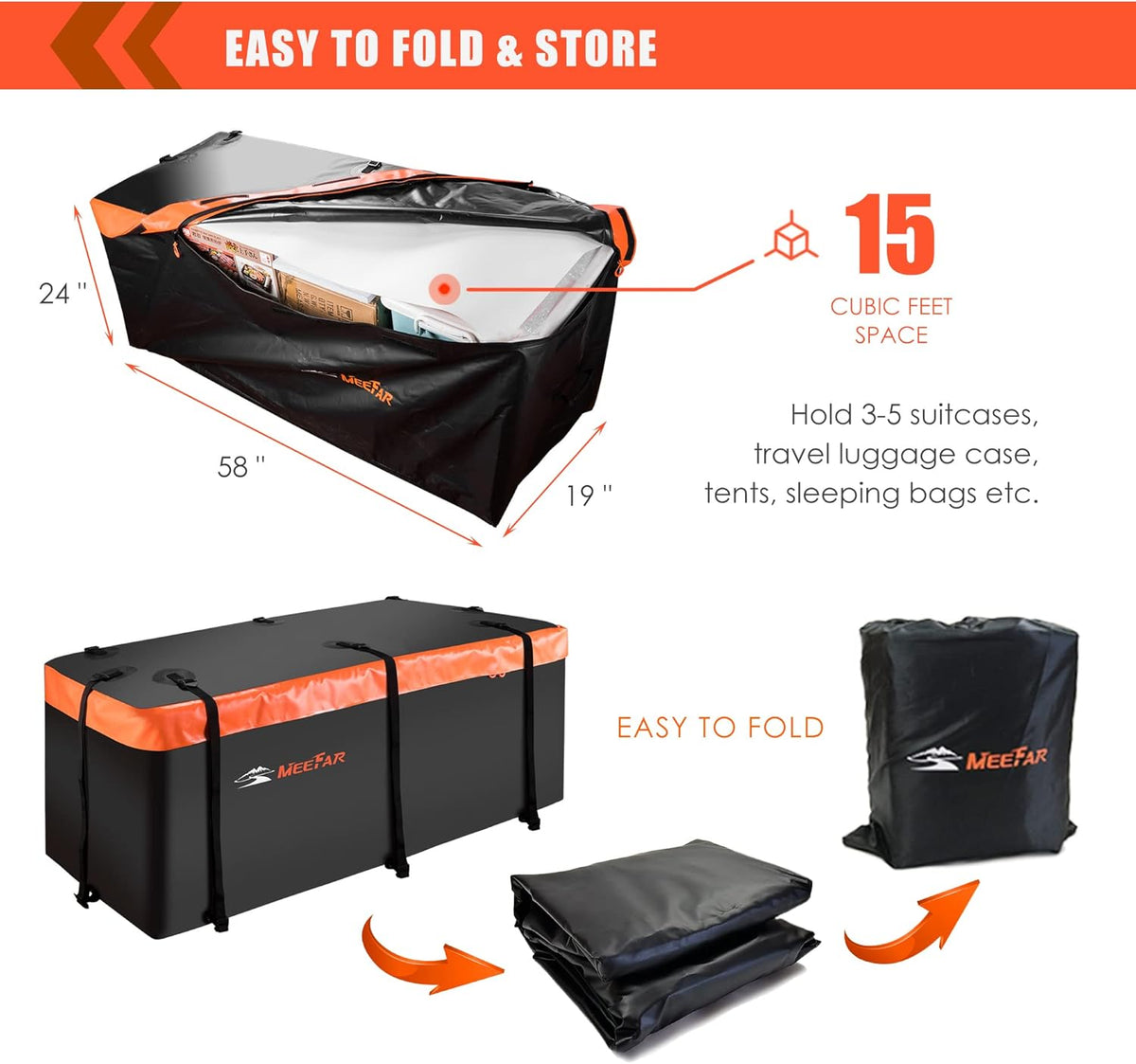 MeeFar Hitch Mount Cargo Carrier Bag Soft Shell 100% Waterproof 15 Cubic Feet (58" 19" 24") Include 8 Reinforced Straps for Truck Pickup All Vehicle with Steel Cargo Basket