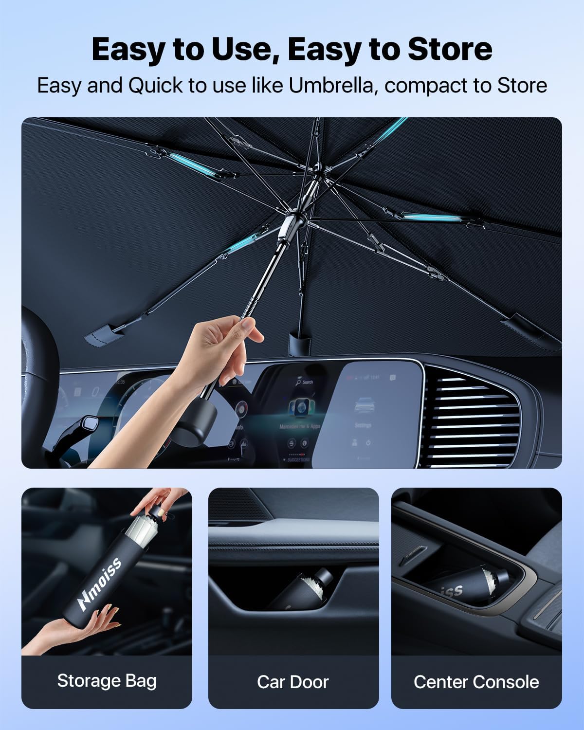 [2025 Upgrade] Nmoiss Windshield Sun Shade Umbrella - [Vinyl Coating Heat Shield] Protect Car from Sun Rays & Heat Damage Keep Cool and Protect Interior, Spring Structure Edge Medium 56" L x 31" W
