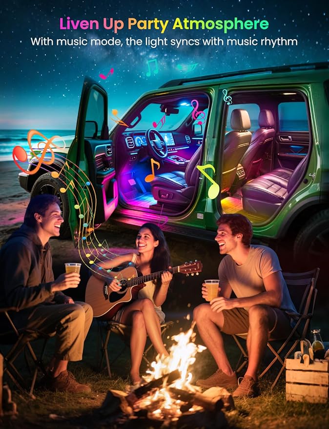Pak Car LED Lights, Smart RGB+IC 72 LED Car Interior Light, 16 Million Colors Strip Light, APP Control, Music Mode, Scene Modes, 2 Lines Design with Car Charger, Under Dash Lighting for SUVs, Trucks