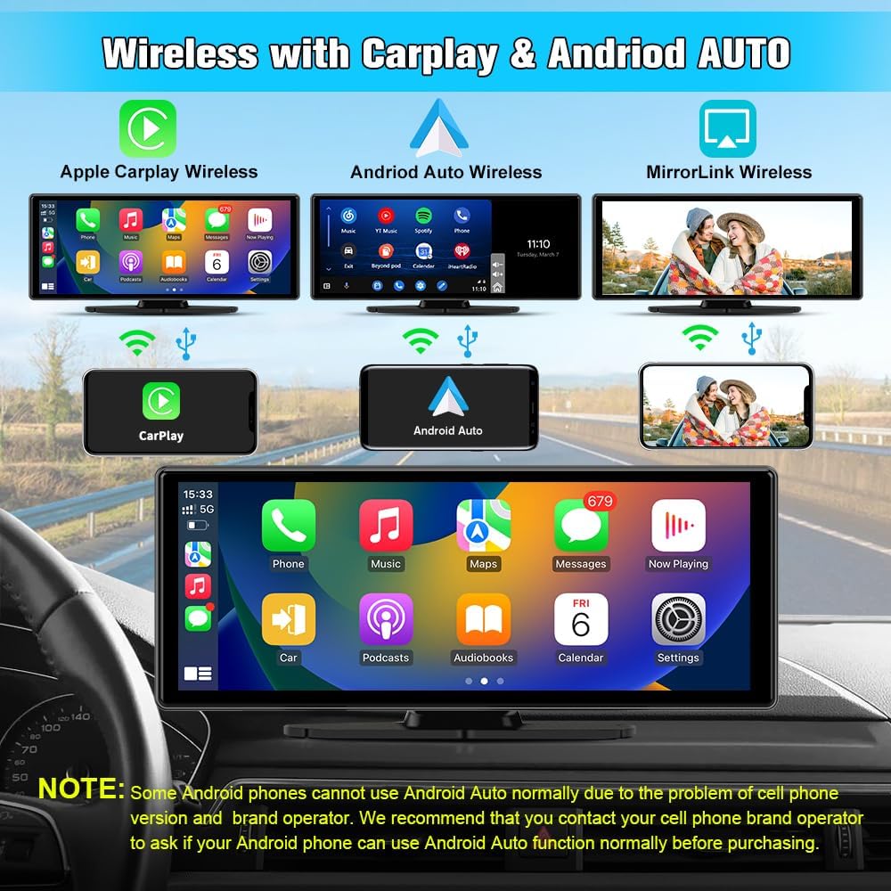 10.26" Portable Apple Carplay Screen for Car, Carplay & Android Auto Car Stereo, Touchscreen GPS Navigation 4K Dash Cam/1080P Backup Camera/Mirror Link/Bluetooth/Voice Control