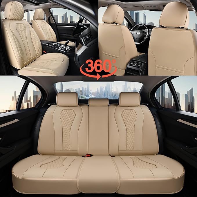 Coverado Automotive Seat Covers, Car Seat Covers Full Set, Beige Car Seat Cover, Car Seat Cushion Waterproof, Front Seats Back Seat Covers, Car Seat Protector Universal Fit Most Cars
