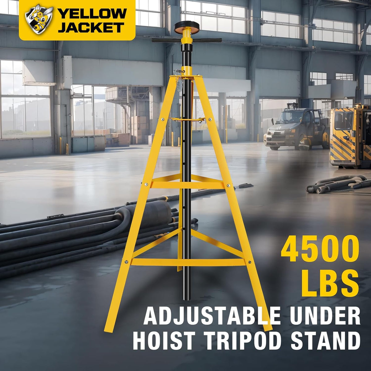 YELLOW JACKET Underhoist Support Stand 2 Ton Capacity, Lifting from 53" to 84", 12 Inch Diameter Base, Bearing Mounted Spin Handle, Contoured Saddle, Supports Vehicle Components, Self-Locking Screw