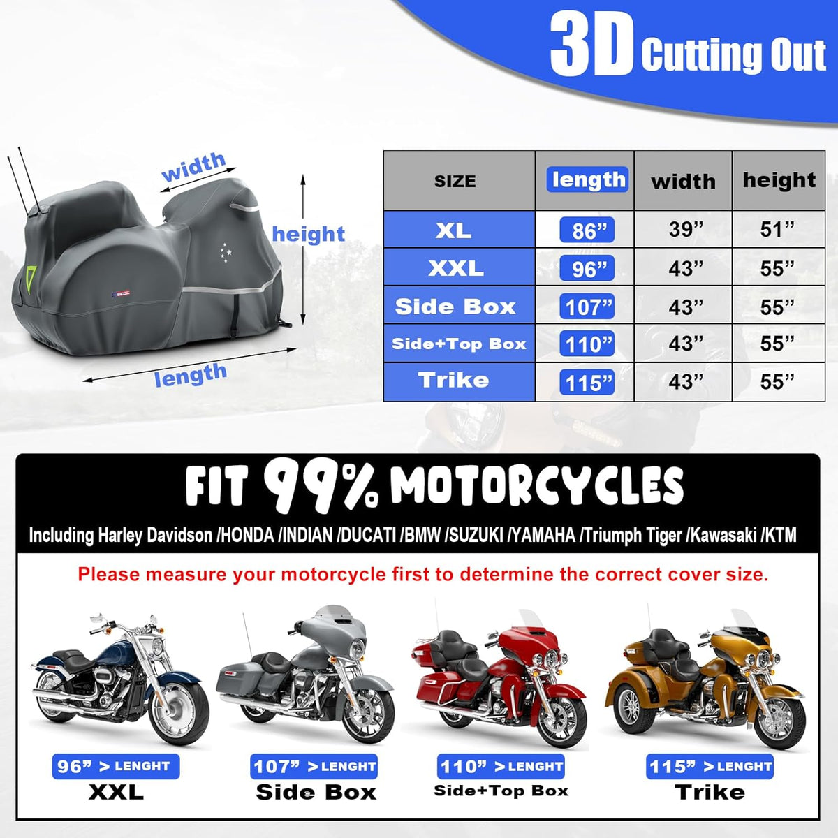 Trike Cover,Motorcycle Cover LI LIBZAKI Heavy Duty 600D Waterproof for Trike Models Harley Davidson freewheeler, Tri Glide, CVO Version, Goldwing, Chidftain, Challenger/Gray