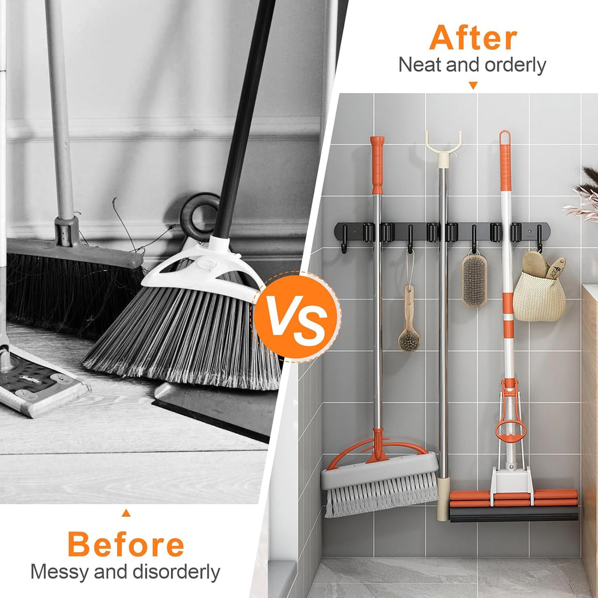 2 Pack Mop and Broom Holder Wall Mount, Non-slip Broom Hanger Wall Mount, Heavy Duty Mop Broom Organizer for Kitchen Garden Garage Laundry Room Wall Decor Organization and Storage Black 5R4H