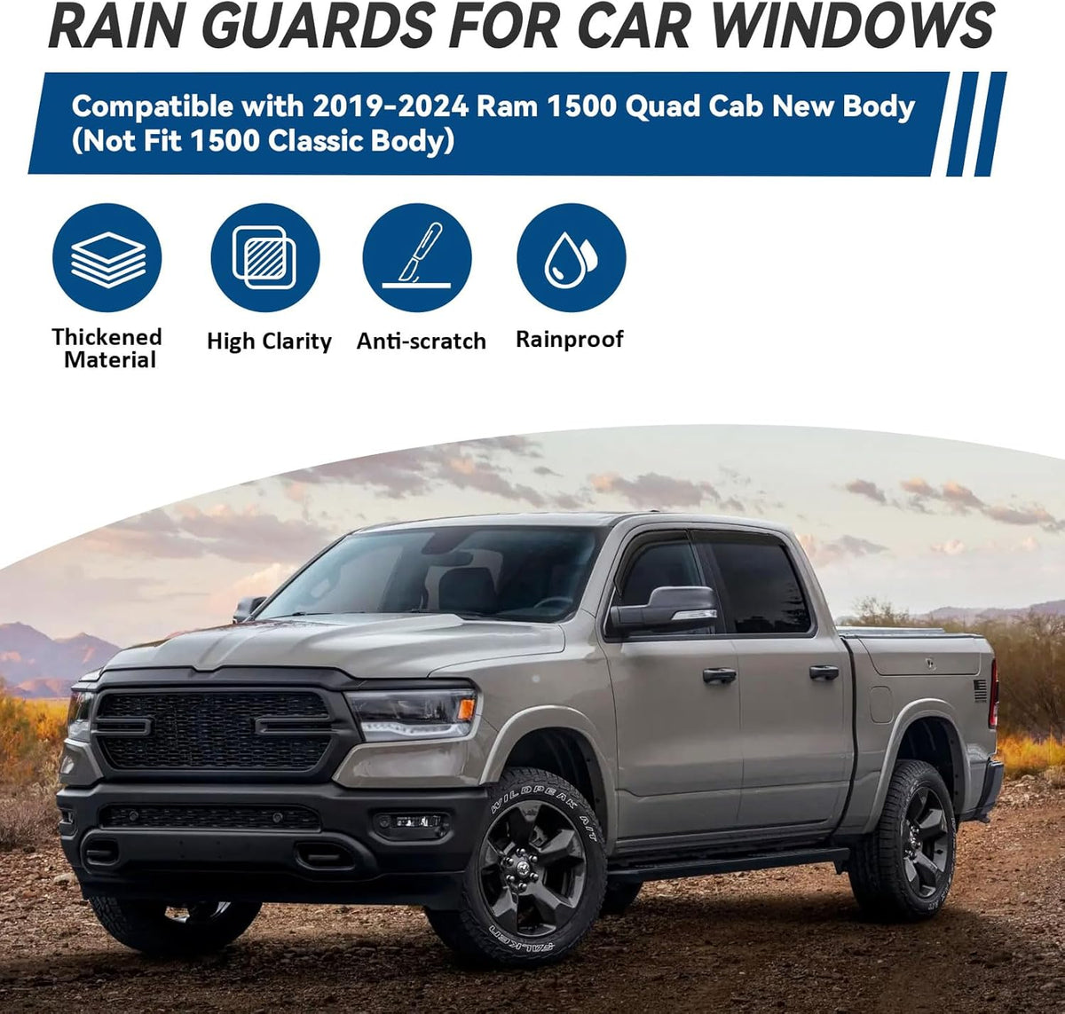 4pcs Front+Rear Smoke Tint Sun/Rain Guard Outside Mount Tape-On Vent Window Visors Compatible with 19-24 Ram 1500 New Body Quad Cab with Small Size Rear Doors
