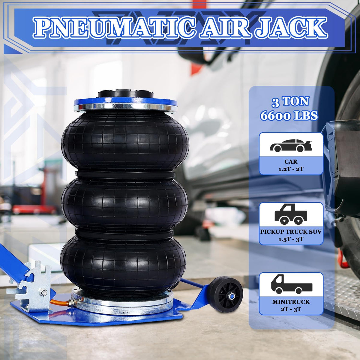 3T Triple Bag Air Jack 6600lbs Pneumatic Jack 3s Fast Lift Up 16in Airbag Jack with Adjustable Long Handle Heavy Duty Triple Air Bag Jack Lift for Cars Garage (Blue)